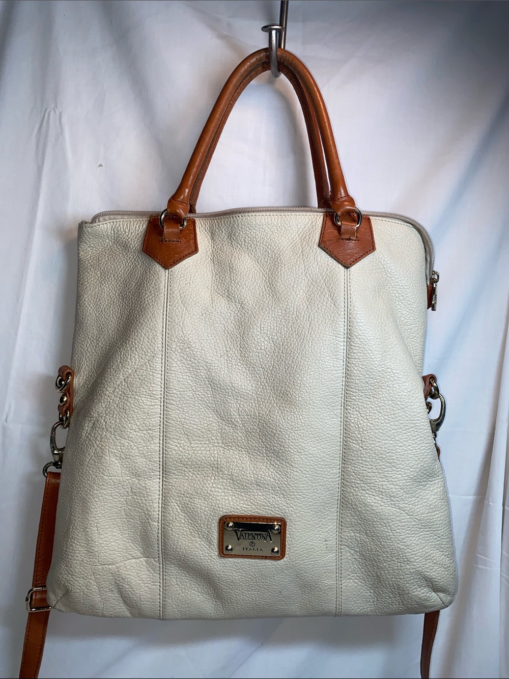 Valentina Cream Leather Tote with Tan Handles
